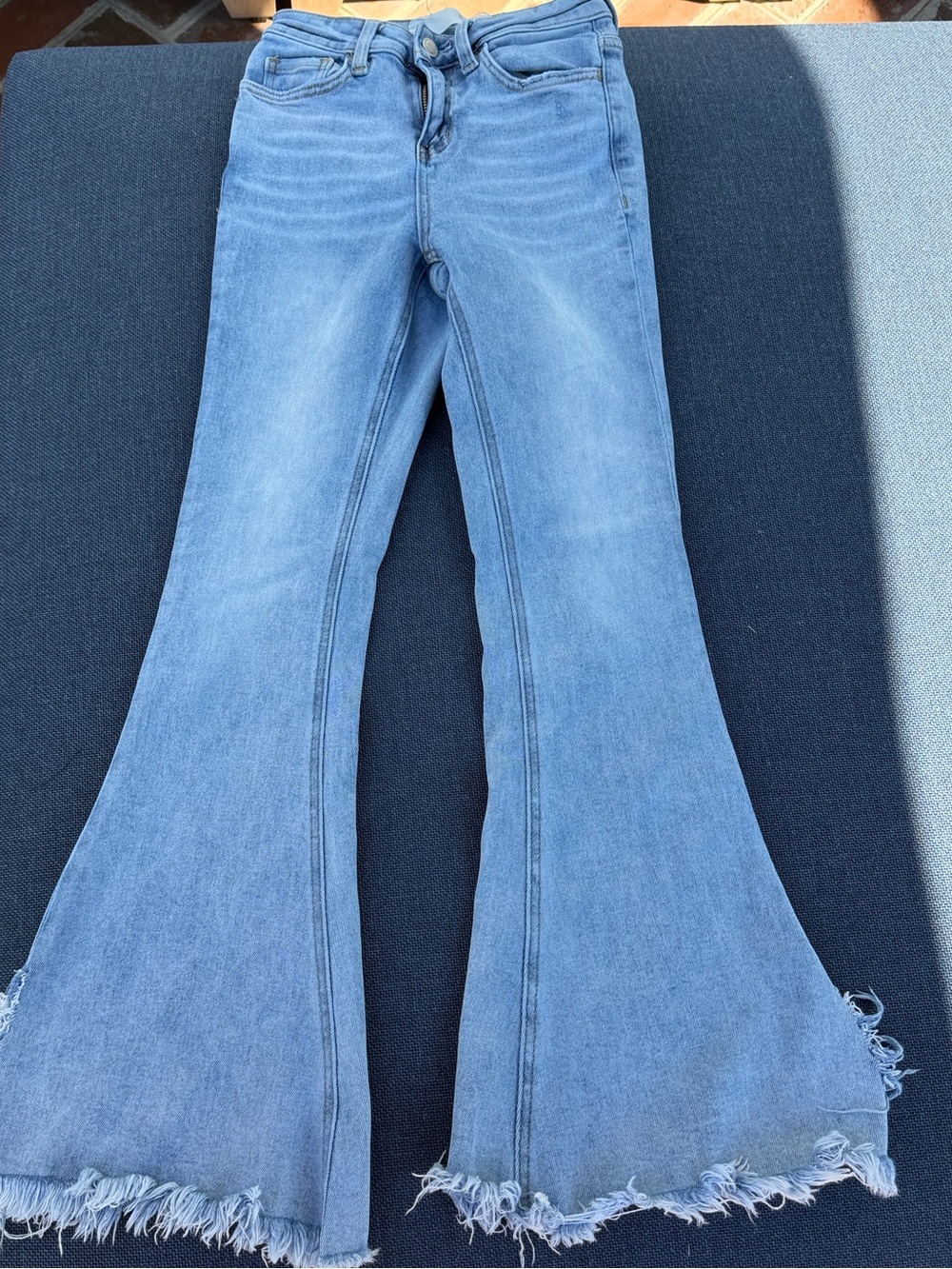 bridge by gly Light Washed Wide-Leg Flare Jeans with Frayed Hem